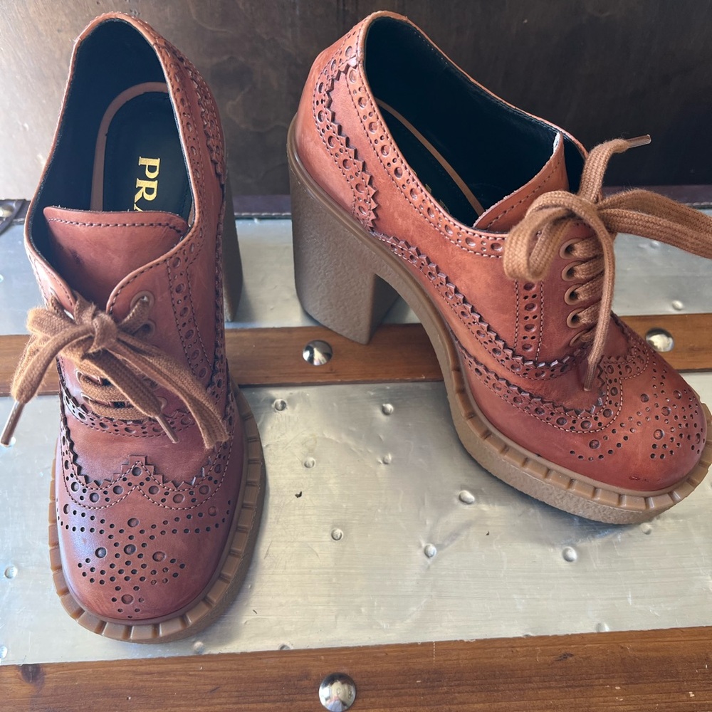 Prada Brown Leather Brogue Platform Heels